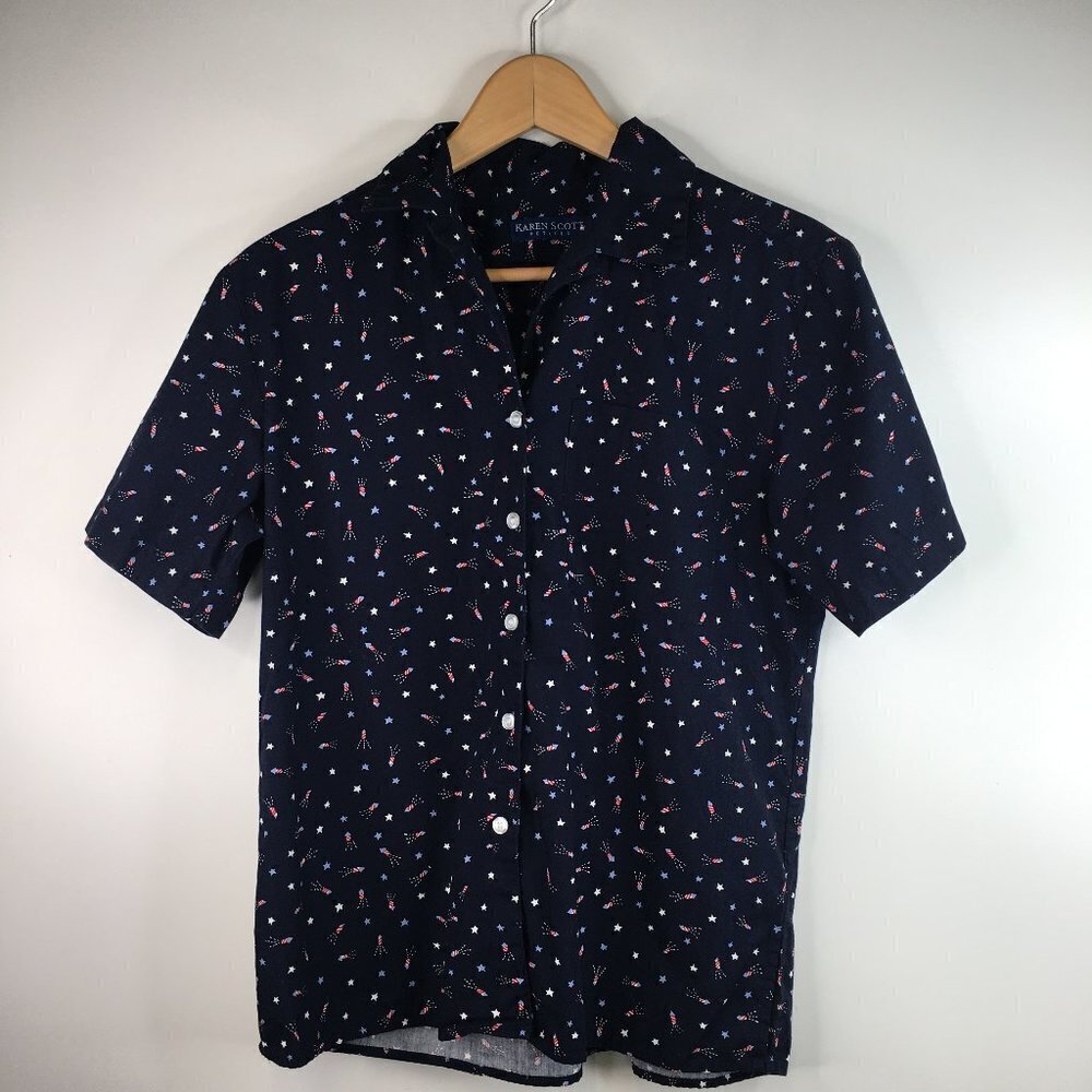 Karen Scott Petites Fireworks Stars Print Button Down Blue Blouse Size PS